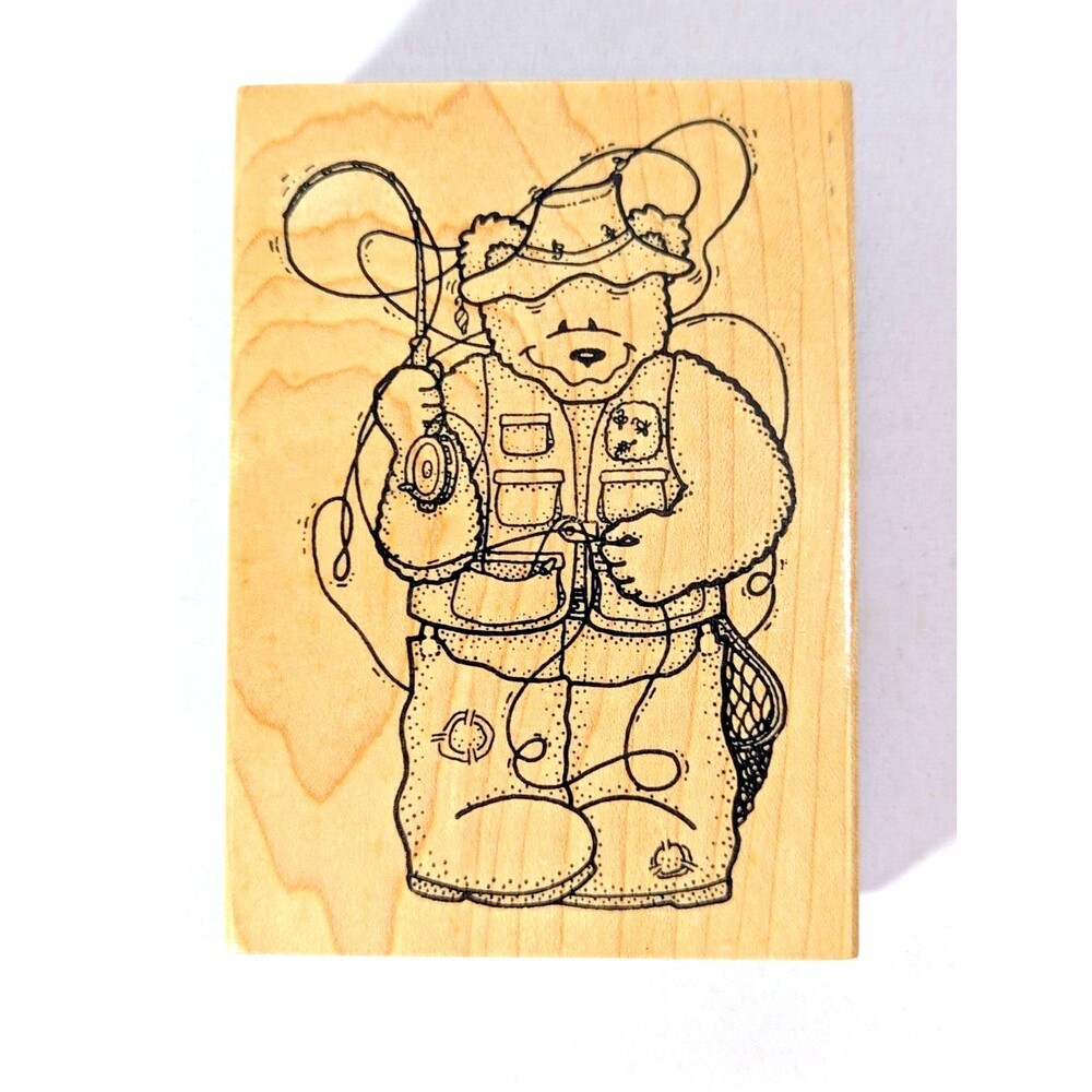 Darcie's Country Bear All Tied Up Fly Fisherman Rubber Stamp Folk Art Craft Gift